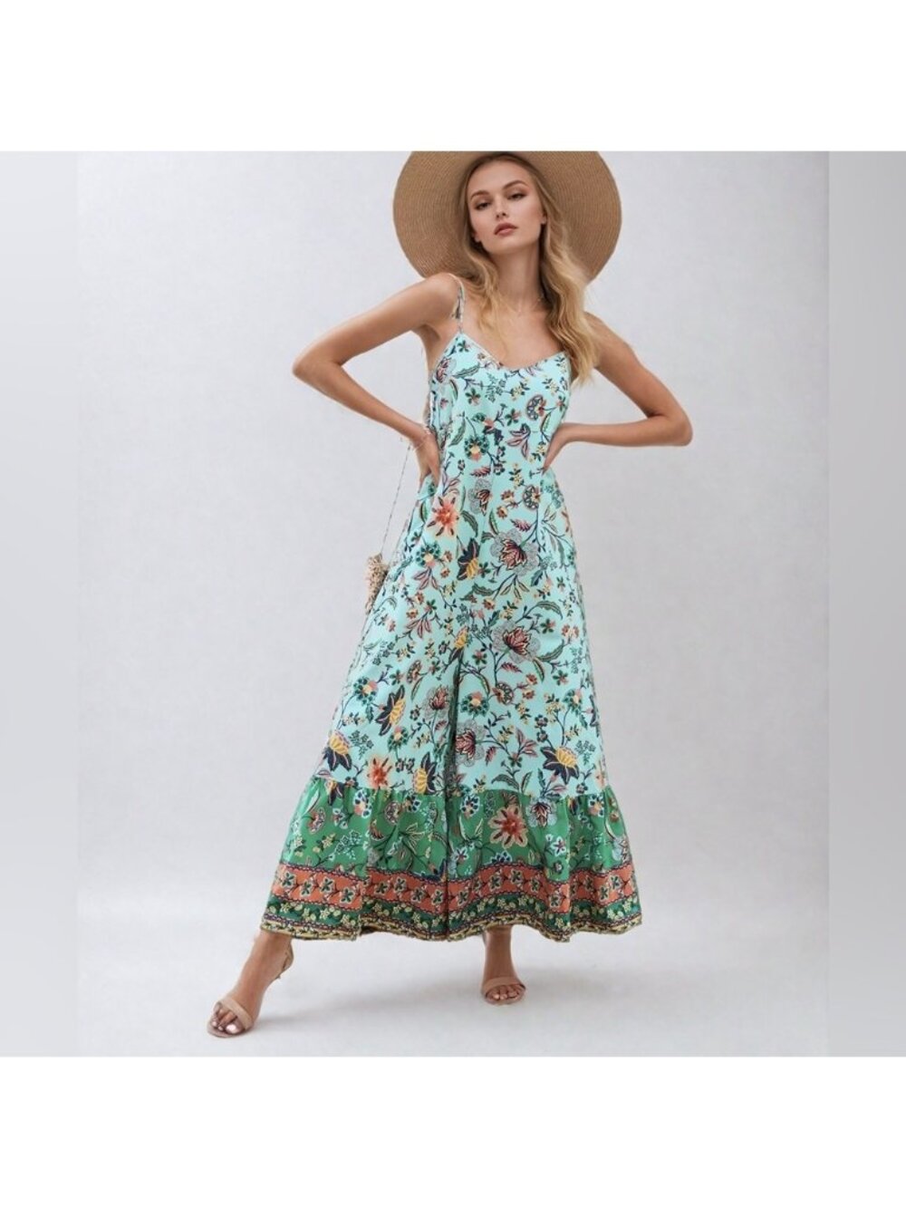 Boho Floral Print Wide Leg Cami Jumpsuit With Pockets